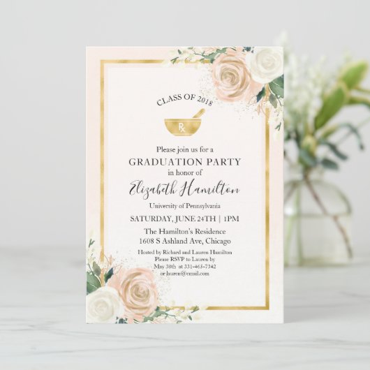 Mortar Pestle Rx Pharmacy School Party Blush Einladung (Stehend Vorderseite)