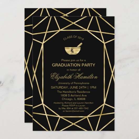 Mortar und Pestle Pharmacy School Grad Party Gold Einladung (Vorne/Hinten)