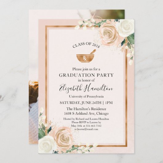 Mortar und Pestle Rx Pharmacy School Grad Foto Einladung (Vorne/Hinten)