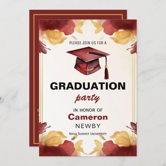 🎓 Mortarboard Watercolor Graduation Party Einladung (Vorne/Hinten)
