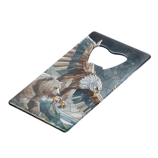 Mosaic Ai Art | Brauner Bär und Adler Vollmond Geldbeutel Flaschenöffner (Rückseite Schrägansicht)