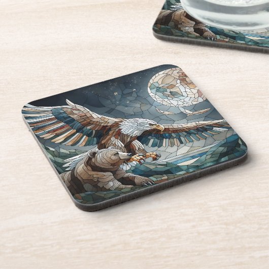 Mosaic Ai Art | Brauner Bär und Adler Vollmond Getränkeuntersetzer (Linke Seite)