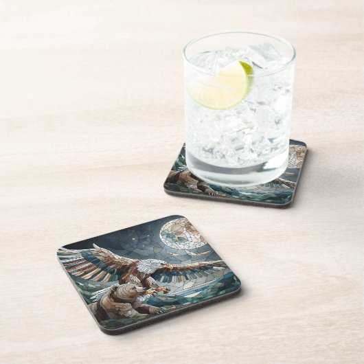 Mosaic Ai Art | Brauner Bär und Adler Vollmond Getränkeuntersetzer (Rechte Seite)