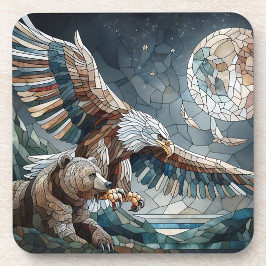 Mosaic Ai Art | Brauner Bär und Adler Vollmond Getränkeuntersetzer (Vorderseite)