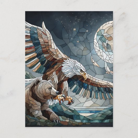 Mosaic Ai Art | Brauner Bär und Adler Vollmond Postkarte (Vorderseite)
