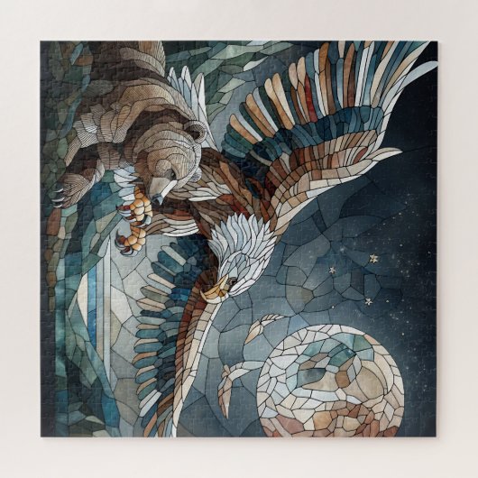Mosaic Ai Art | Brauner Bär und Adler Vollmond Puzzle (Horizontal)