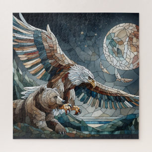 Mosaic Ai Art Brauner Bär und Adler Vollmond Puzzle