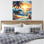 Mosaic Ai Art | Sonnenuntergang im Ozean und Palme Leinwanddruck (Insitu (Schlafzimmer))