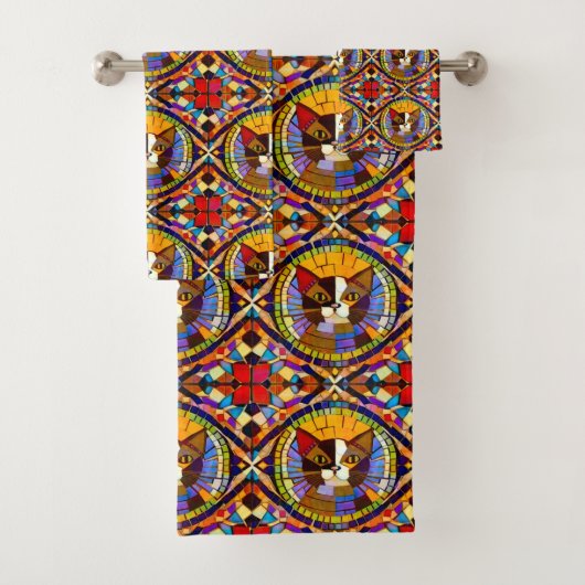 Mosaic Calico Katze in farbigen Fliesen aus Glas Badhandtuch Set (Insitu)