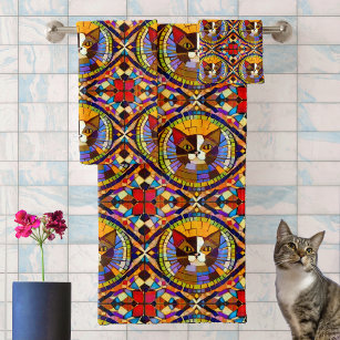 Mosaic Calico Katze in farbigen Fliesen aus Glas Badhandtuch Set