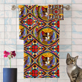 Mosaic Calico Katze in farbigen Fliesen aus Glas Badhandtuch Set