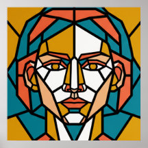 Mosaic Geometric Portrait in Amber and Teal