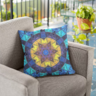 Mosaic Kaleidoscope Flower Blue and Yellow Kissen