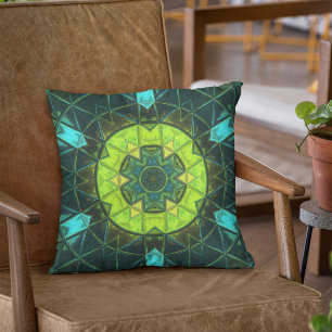Mosaic Kaleidoscope Flower Green and Blue Kissen