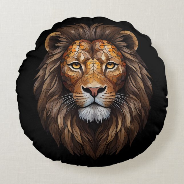 Mosaic Lion Portrait Glaseffektdesigner Rundes Kissen (Vorderseite)