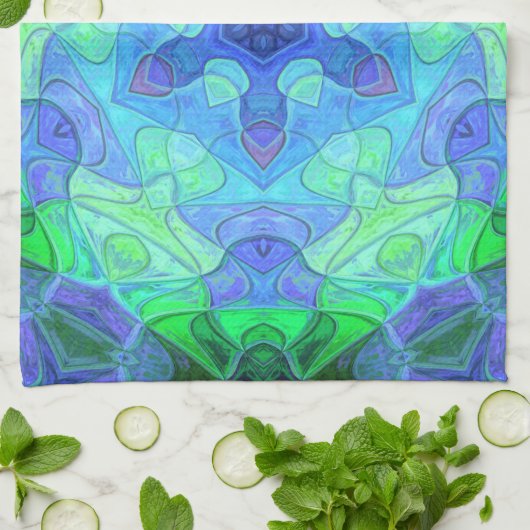 Mosaic Mandala Blume Blau und Grün Geschirrtuch (Gefaltet)