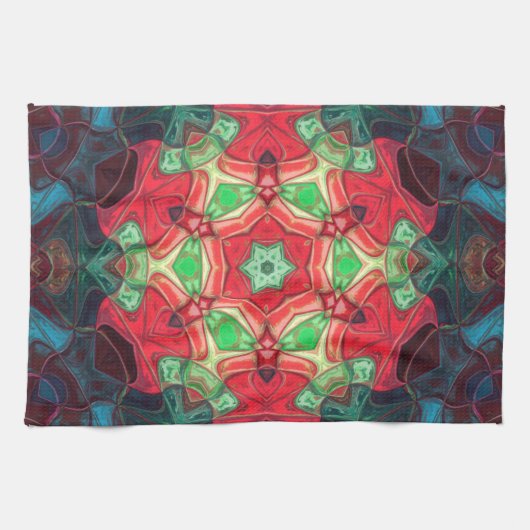 Mosaic Mandala Blume Rot Aquamarin und Blau Geschirrtuch (Horizontal)