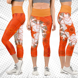 Mosaic Mandala Orange und White Capri Leggings