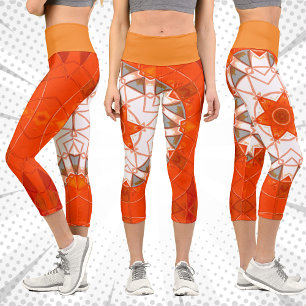 Mosaic Mandala Orange und White Capri Leggings