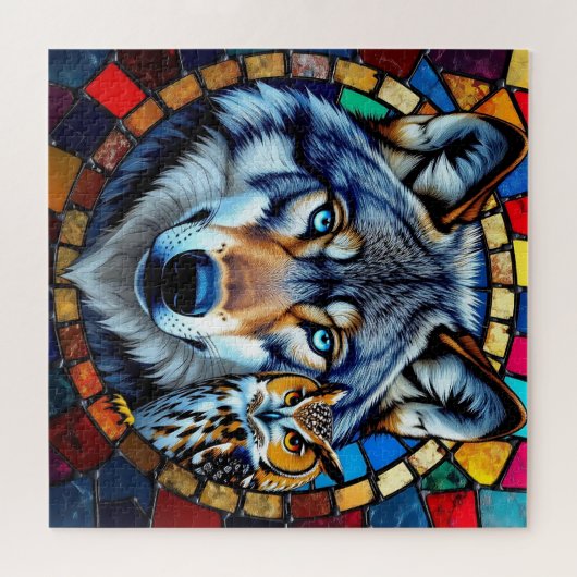Mosaic Style Owl and Wolf Wildlife Vibrant Puzzle (Horizontal)