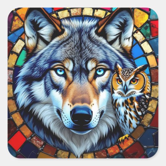 Mosaic Style Owl and Wolf Wildlife Vibrant Quadratischer Aufkleber (Vorderseite)