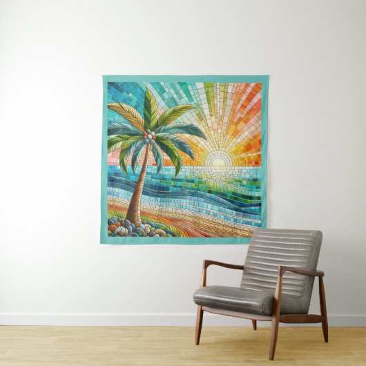 Mosaic Tropical Beach Sunset Palm Tree Square Wandteppich (Beispiel)