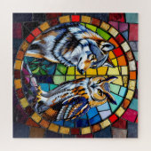 Mosaic Wolf and Owl Vibrant Art Puzzle (Horizontal)