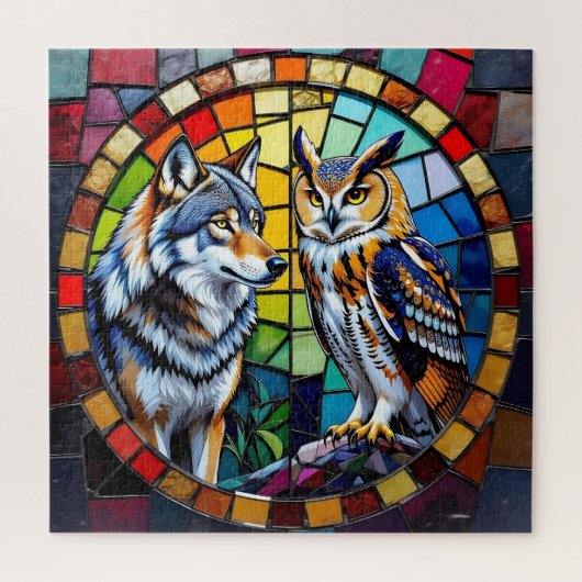 Mosaic Wolf and Owl Vibrant Art Puzzle (Vertikal)
