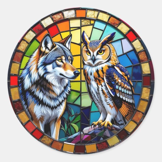 Mosaic Wolf and Owl Vibrant Art Runder Aufkleber (Vorderseite)