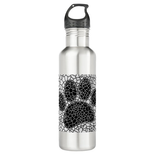 Mosaik Art Dog Paw Print in Schwarz-Weiß Edelstahlflasche (Vorderseite)