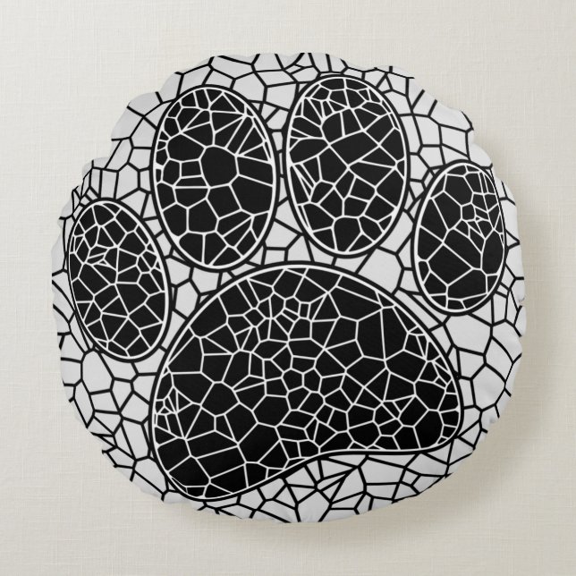 Mosaik Art Dog Paw Print in Schwarz-Weiß Rundes Kissen (Vorderseite)