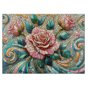 Mosaik aus rosa Rosen in Buntglasoptik Schneidebrett