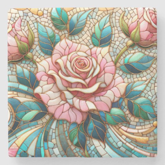 Mosaik aus rosa Rosen in Buntglasoptik Steinuntersetzer (Vorderseite)