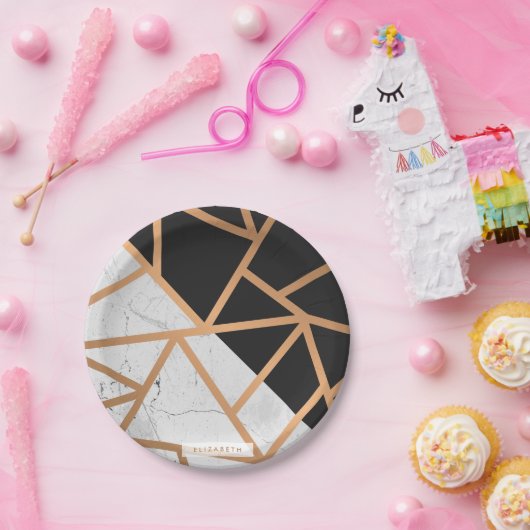 Mosaik aus schwarzem und weißem goldfarbenem Marmo Pappteller (Party)