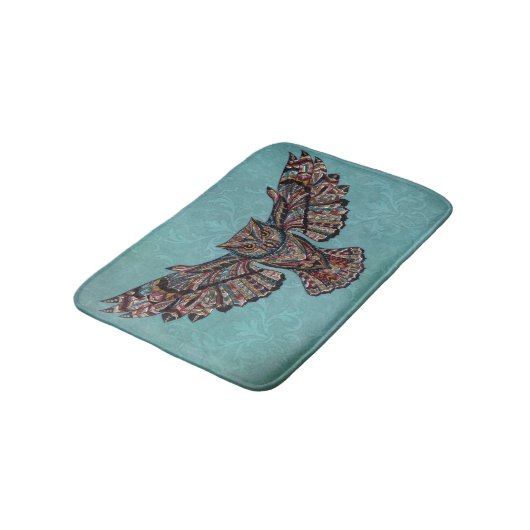 Mosaik farbenfroh Owl mit türkisfarbenem Hintergru Badematte (Schrägansicht)