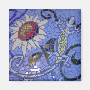 Mosaik Gecko und Sonnenblumen auf blau Magnet