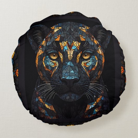 Mosaik gesteinigtes schwarzes Panther-Portrait Rundes Kissen (Rückseite)