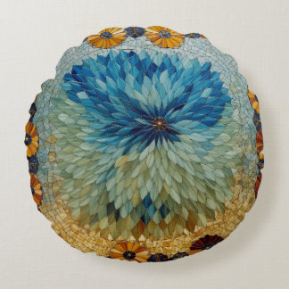 Mosaik Grün Blau Floral  Rundes Kissen