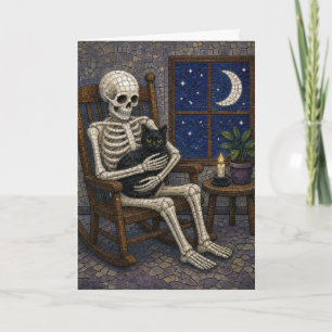 Mosaik-Halloween-Skelett mit schwarzer Katze Karte