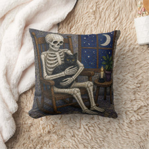 Mosaik Halloween-Skelett und schwarze Katze Kissen