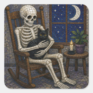 Mosaik Halloween-Skelett und schwarze Katze Quadratischer Aufkleber