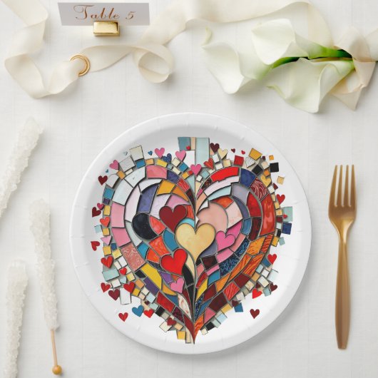 Mosaik-Herz der Liebe Pappteller (Hochzeit)