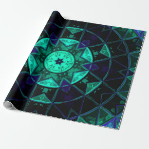 Mosaik Kaleidoskop Blume Aquamarin Schwarz und Bla Geschenkpapier