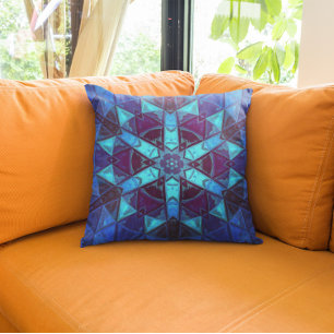 Mosaik Kaleidoskop Blume Blau und Lila Kissen