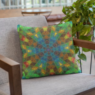 Mosaik Kaleidoskop Blume Grün Blau und Gelb Kissen