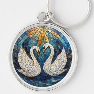 Mosaik-Kunstwerk mit weißen Schwänen Schlüsselanhänger