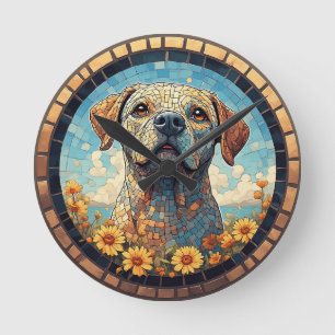 Mosaik-Labrador-Porträt in kreisförmigem Fliesenra Runde Wanduhr