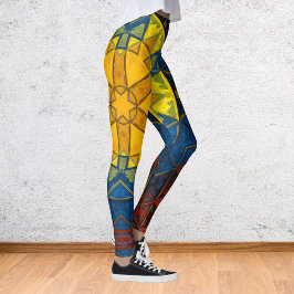 Mosaik Mandala Blume Gelb Blau und Rot Leggings