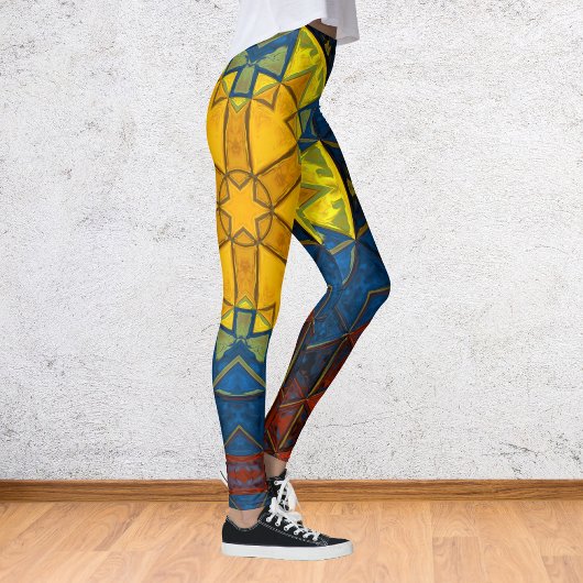 Mosaik Mandala Blume Gelb Blau und Rot Leggings