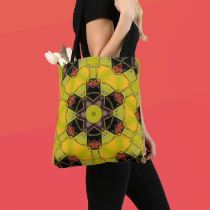 Mosaik Mandala Blume Gelb Grün Rot und Schwarz Tasche